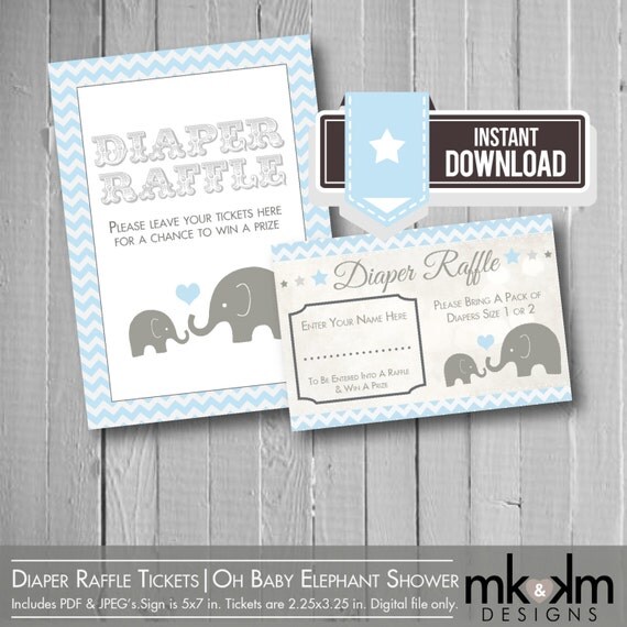 Elephant Diaper Raffle Tickets: Oh Baby Elephant Baby Shower - Blue and Grey - Shower Game - Boy Baby Shower - Chevron - INSTANT DOWNLOAD