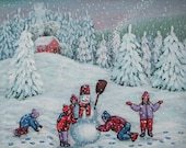 The snowman, children, snow, snowman, snow angels,  Original Acrylic naive painting - treeartist