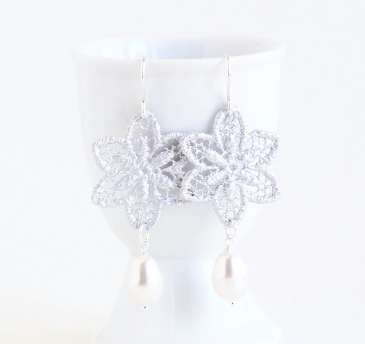 Matte Silver Plated Lace Filigree Earrings, Flower, Snowflake Earrings, Winter, White Pearls, Wedding Jewelry - JacarandaDesigns