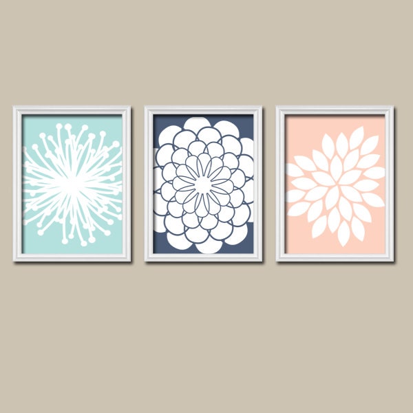Wall Art Canvas Artwork Aqua Navy Blue Peach Flower by trmDesign