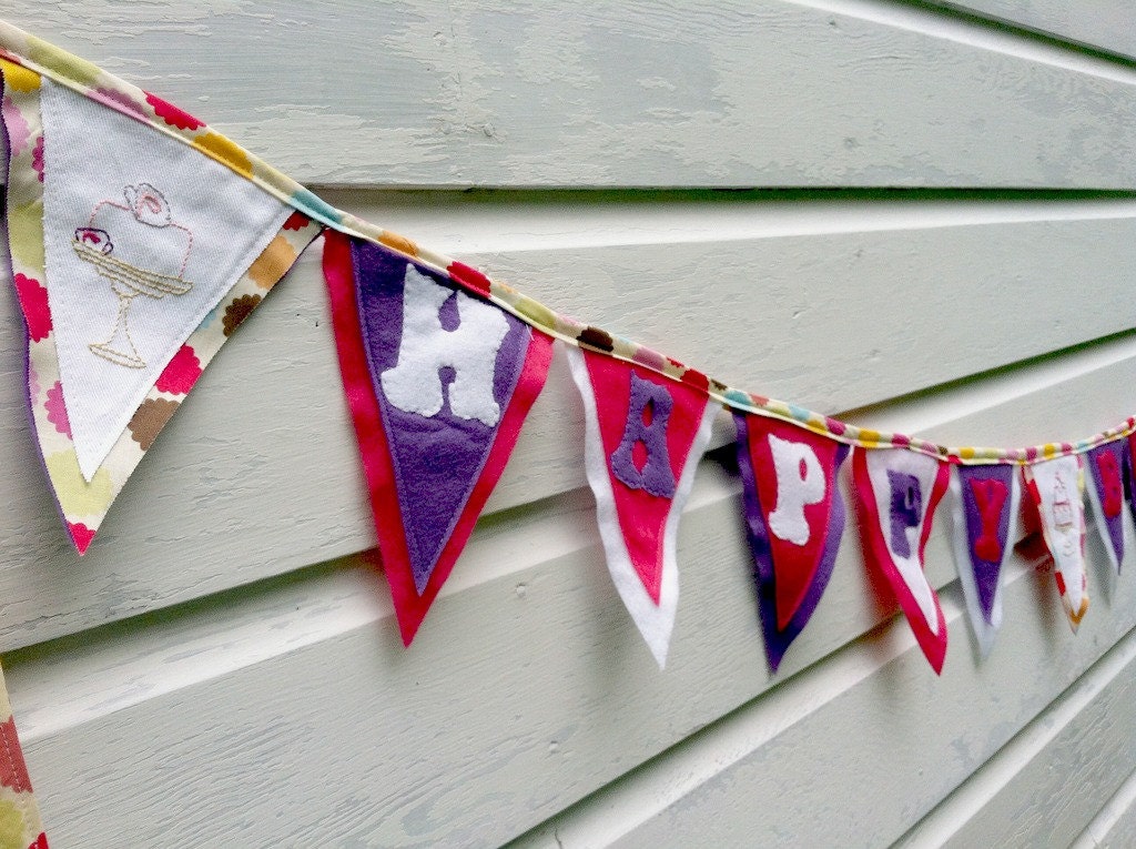 pastel Happy birthday banner - hand embroidered - reusable eco friendly birthday party bunting - little girl - pinkalicious Il_570xn
