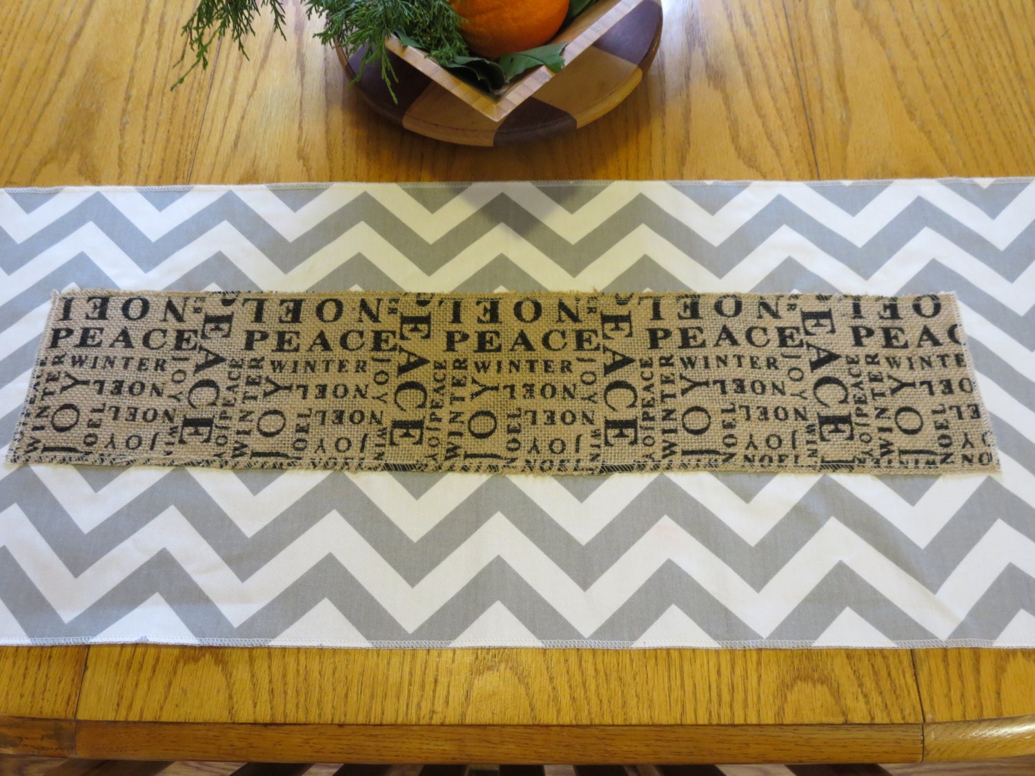 Christmas Table Runner in Chevron and Burlap Peace, Joy