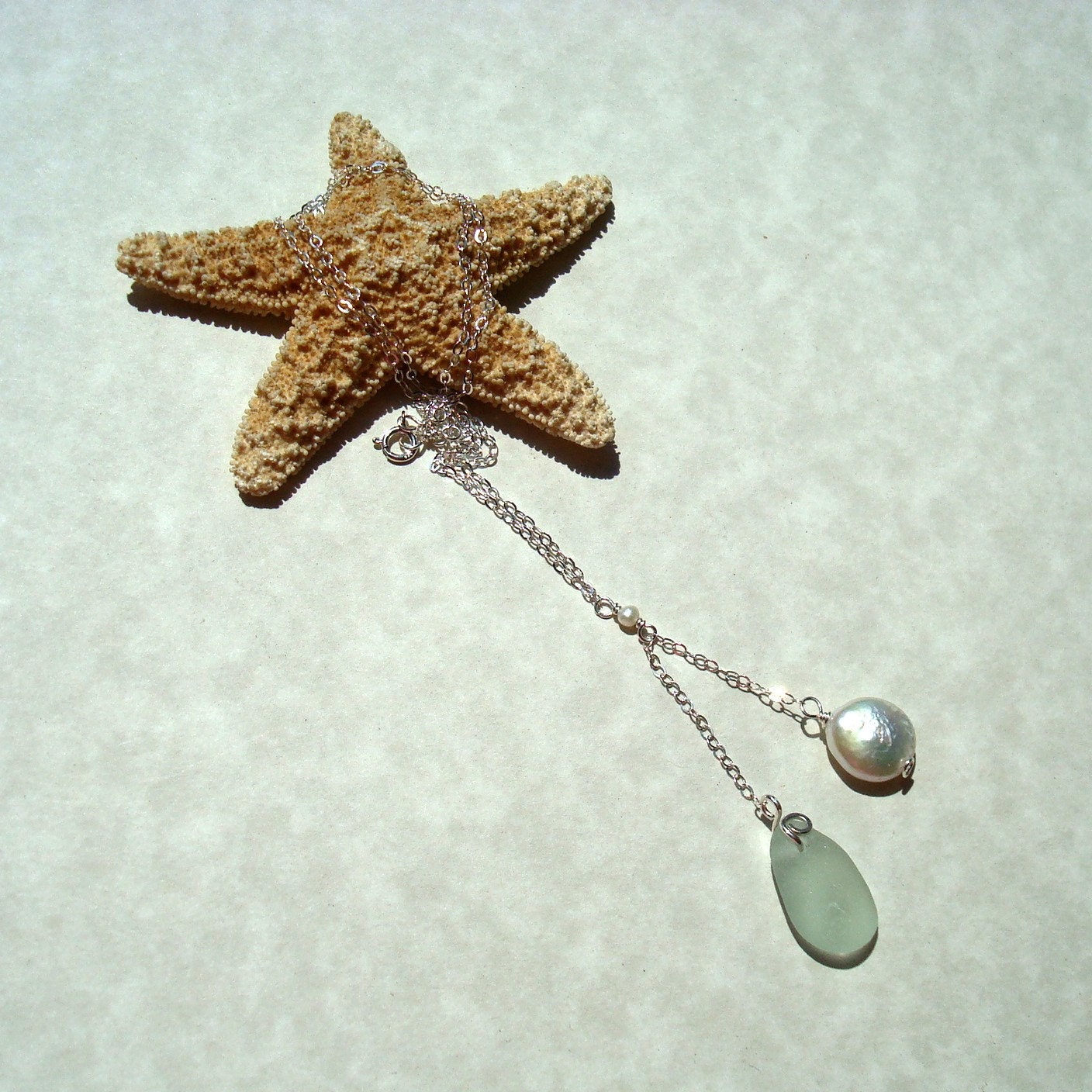 Sea Glass Necklace -Seafoam Seaglass Coin Pearl Drop- Sterling Silver Jewelry