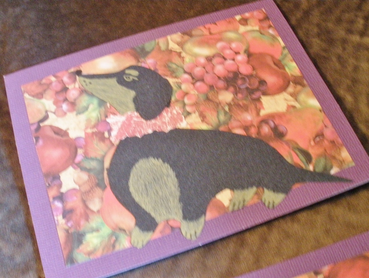 Autumn Harvest Fruit Dachshund Purple Collage Card Set Of 2 Cards With Envelopes - SassySashadoxie