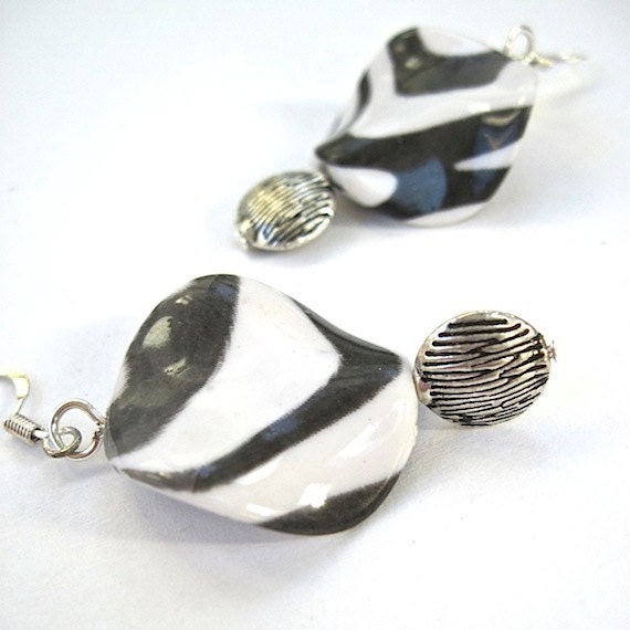 Zebra Dangle Earrings Black White Slate Gray Large Wavy Twist Beads Silver Fall Jewelry Trends - RoughMagicHolidays