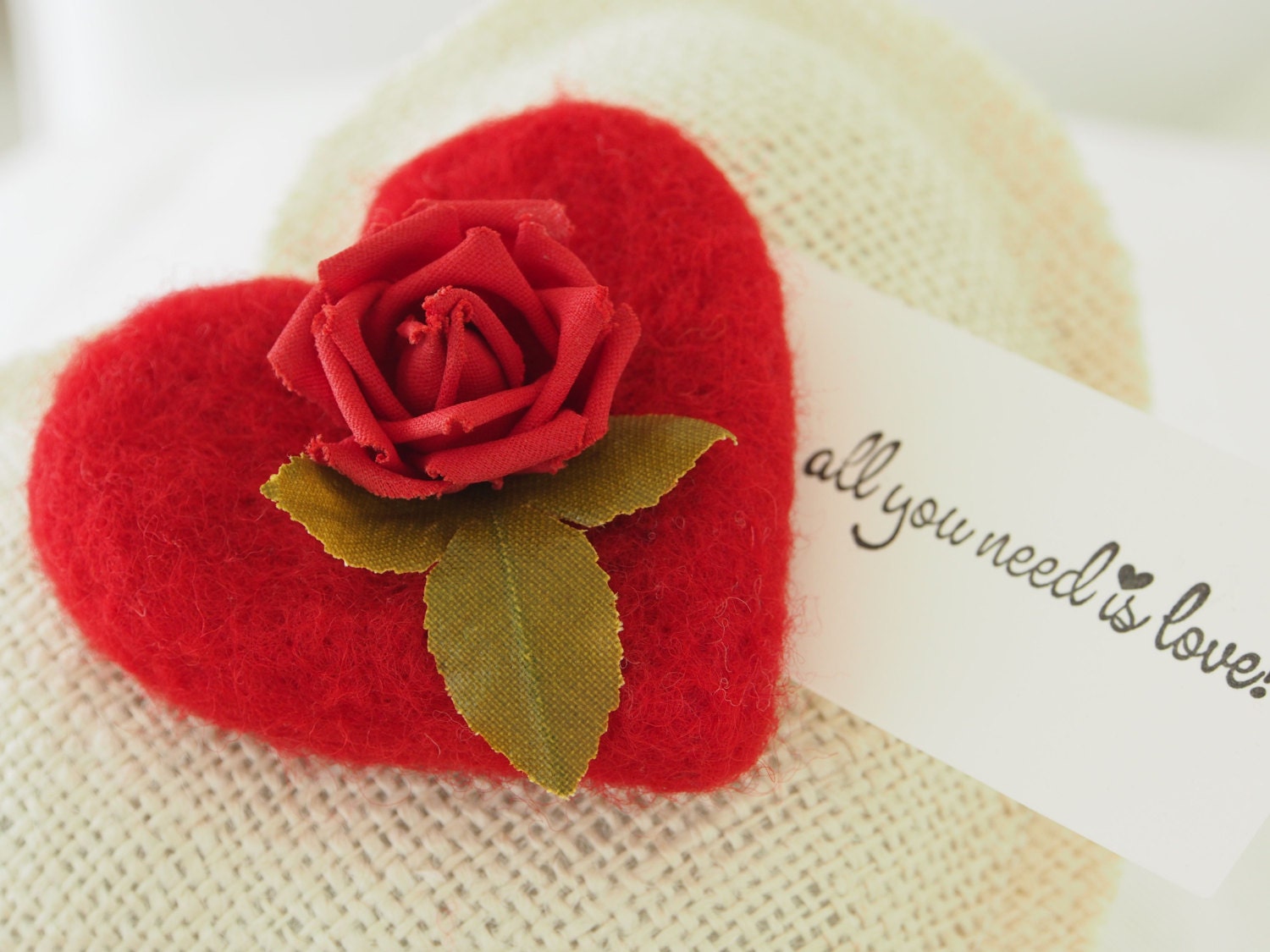 Valentine's Day Gift, Felted Wool, Vintage Fabric Rose and Burlap Heart Pillow, Red Needle Felt Heart. All You Need Is Love - Fairyfolk