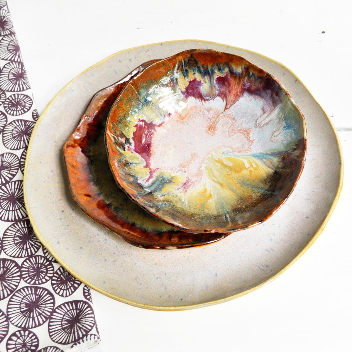 hand built ceramic dinnerware set of 3 River Journey Seconds Sale organic rustic stoneware