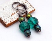 Aqua Crystal, Czech Druk Glass Bead and Gunmetal Leverback Hook Earrings - ASADesigns