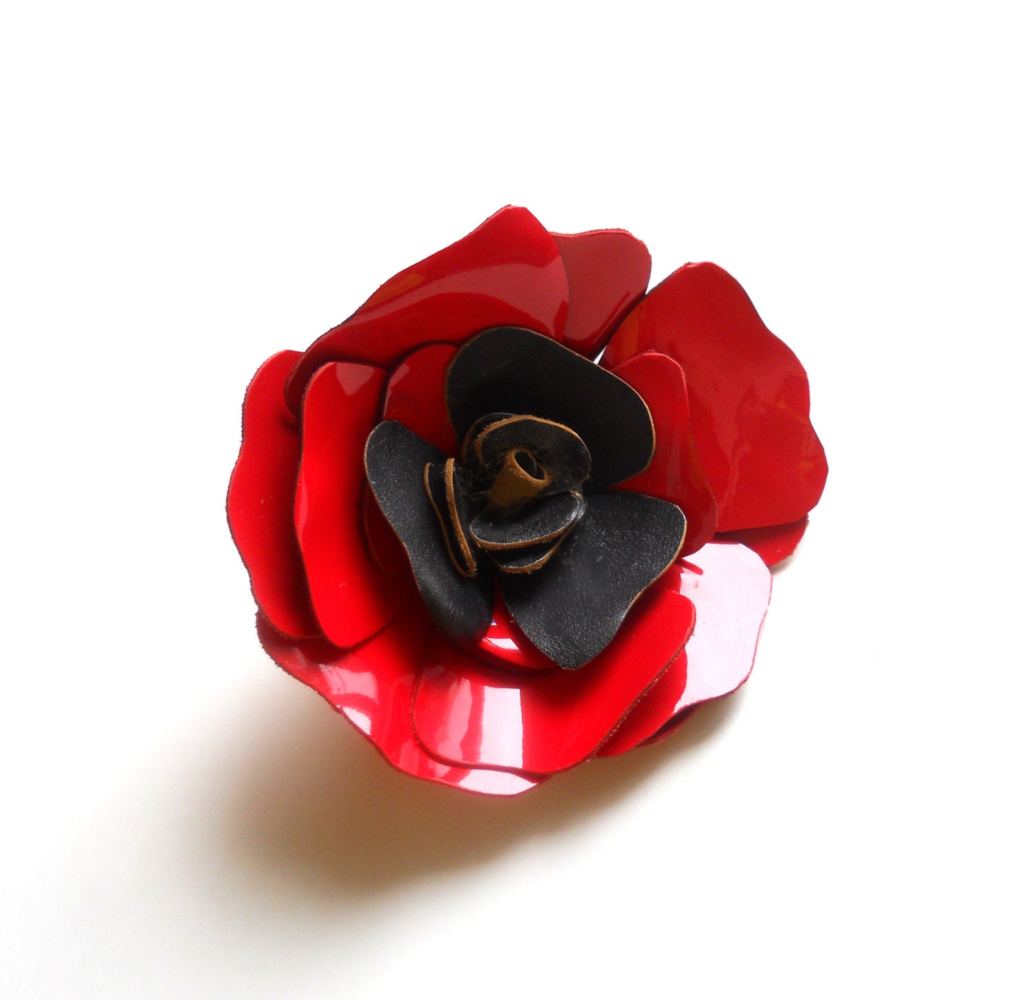 Leather Rose Brooch in Red and Black - maycily