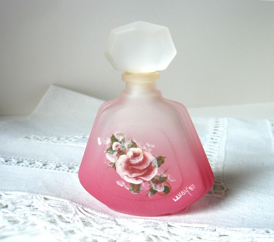 Vintage Perfume Bottle Frosted Glass Pink Hand By Vintageer 7888