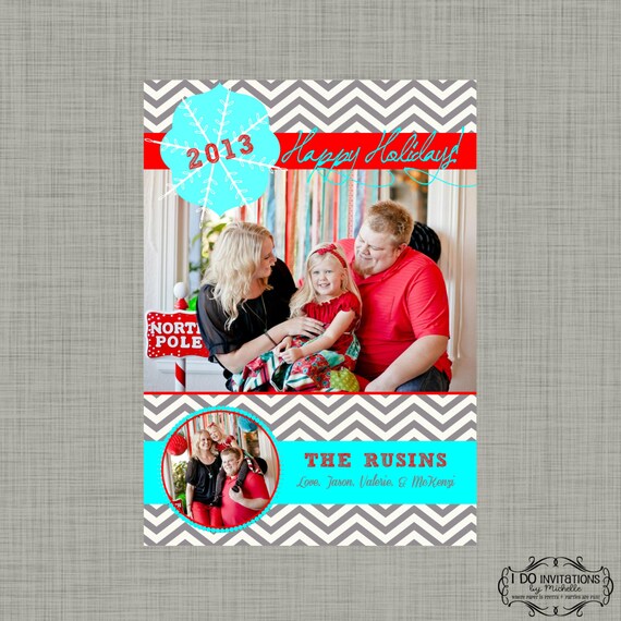 Modern Chevron Holiday Photo Card - Aqua & Red - Digital File Il_570xn