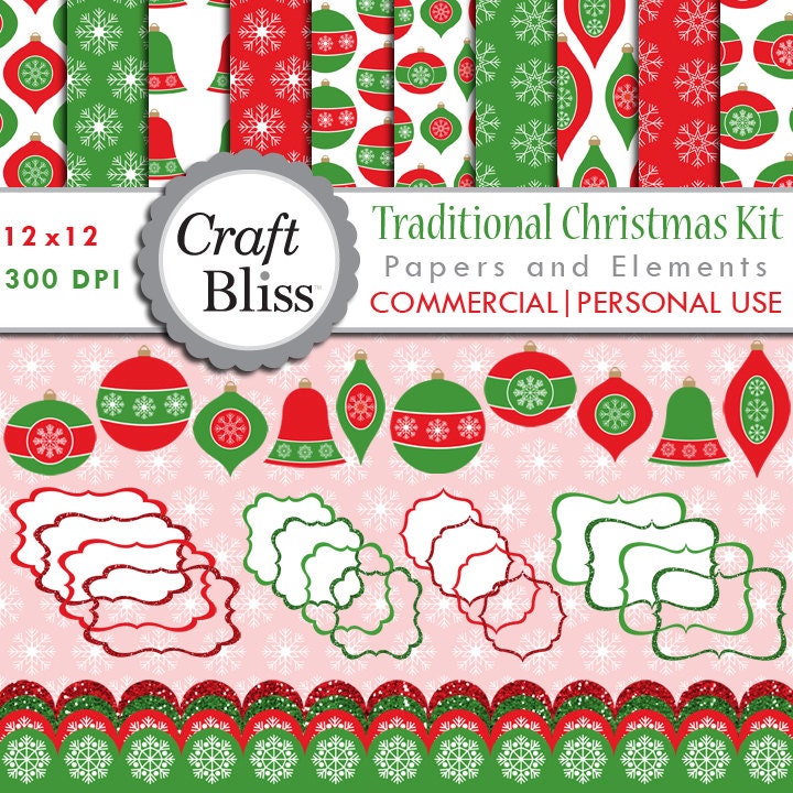 50% Off Sale Christmas Clipart Commercial Clip Art Paper Pack Red Green Glitter Frames Borders Traditional Christmas Digital Scrapbook Kit Il_570xn