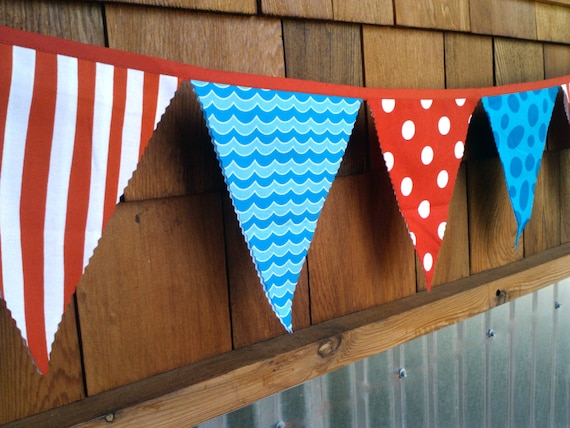Dr. Seuss Bunting Red and Turquoise Fabric Large size for Birthday Party, Nursery, Photo Prop Il_570xn