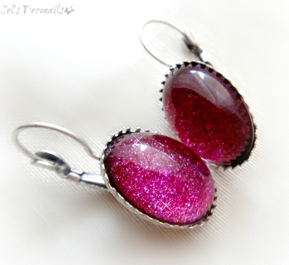Fuchsia pink glitter earrings, handmade gift - celdeconail