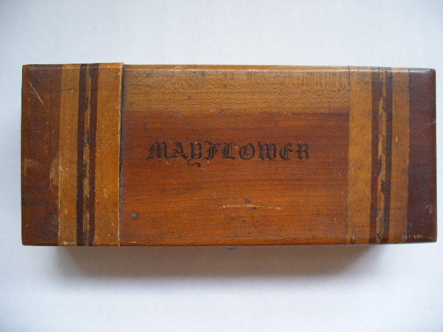 antique hinged box, lettered Mayflower on top of hinged box, for Mattson Rubber Company New York, inlaid decorative wood trim. - vintagestew2