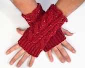 Red Tweed Fingerless Gloves Ruby Wrist Warmers Cable Handknit - MadebyMegShop