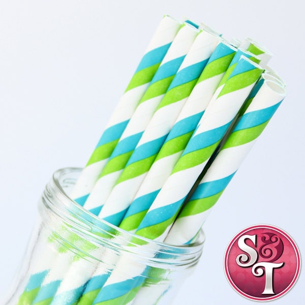 Stripe Lime/Aqua Party Paper Straws - Cake Pop Sticks - Pixie Sticks - Qty 25 Il_570xn