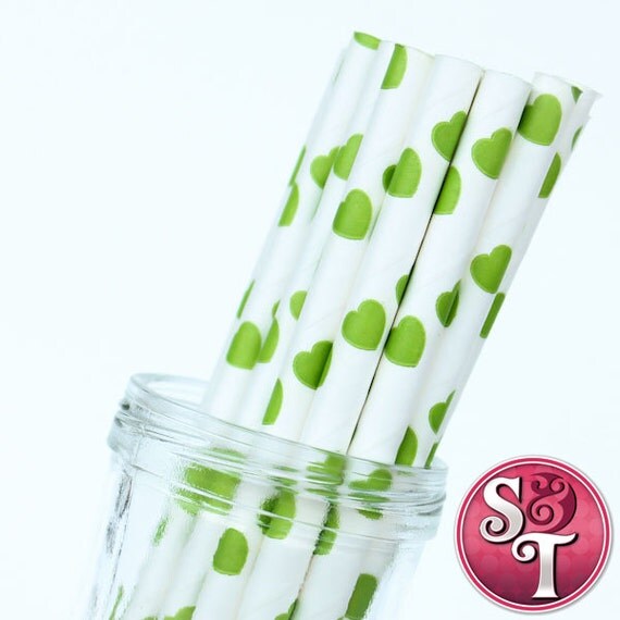 Lime Green Hearts Party Paper Straws - Cake Pop Sticks - Pixie Sticks - Qty 25 Il_570xn