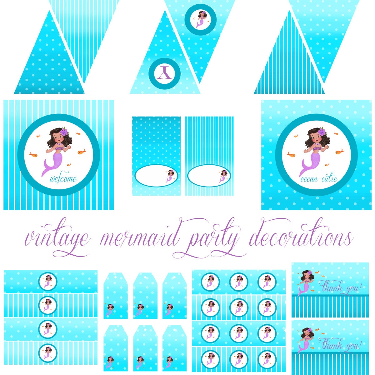 Vintage Mermaid Decorations for Girls Birthday Party or Baby Shower Printable DIY Decor by BeeAndDaisy - CHOOSE Skin Hair - Instant Download Il_570xn