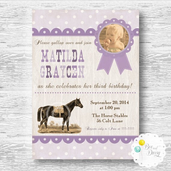 Vintage Horse Invitation for Birthday Party or Baby Shower - Girls Purple Equestrian DIY Printable Invite by BeeAndDaisy Il_570xn