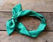 emerald green and navy polka dot headscarf /  tie up headband / adjustable / summer / fall / knotted headband - SassyStitchesbyLori