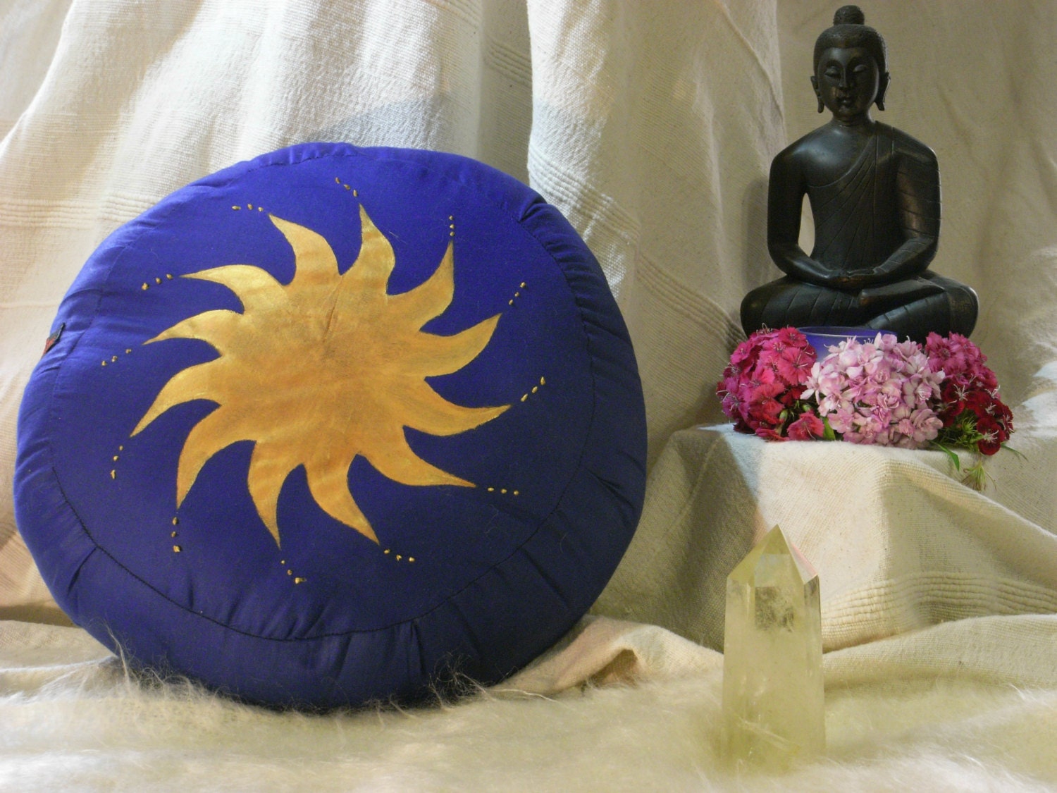 Handpainted Spining Golden Sun on Blue cotton. Amitabhaya Meditation Cushion Zafu.