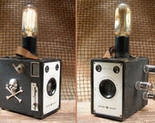 Vintage Steampunk Agfa Camera Lamp w Squirrel Cage 30W Edison Bulb & Vacuum Tubes - DroxDesigns