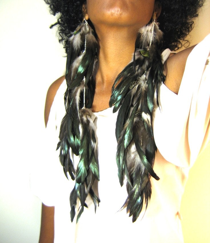 Extra Long Feather Earrings Natural Black by AutumnReedDesigns