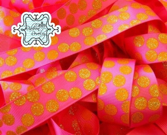 Tangerine glitter silly dots printed on hot pink 7/8" grosgrain ribbon-High Quality Il_570xn