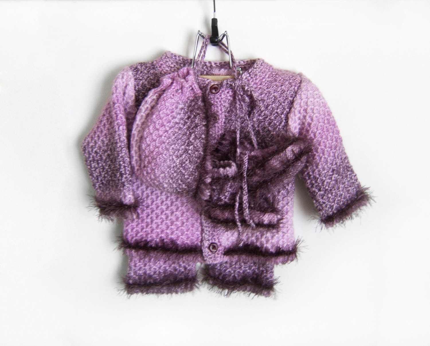 Violet Knitted Baby Set - Cardigan, Pants, Bonnet and Booties, 3 - 6 months
