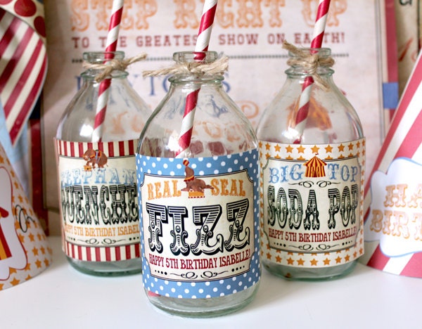 Vintage Circus Drink Bottle Labels - Kids Birthday Party - DIY PRINTABLE FILE by Sassaby Il_570xn