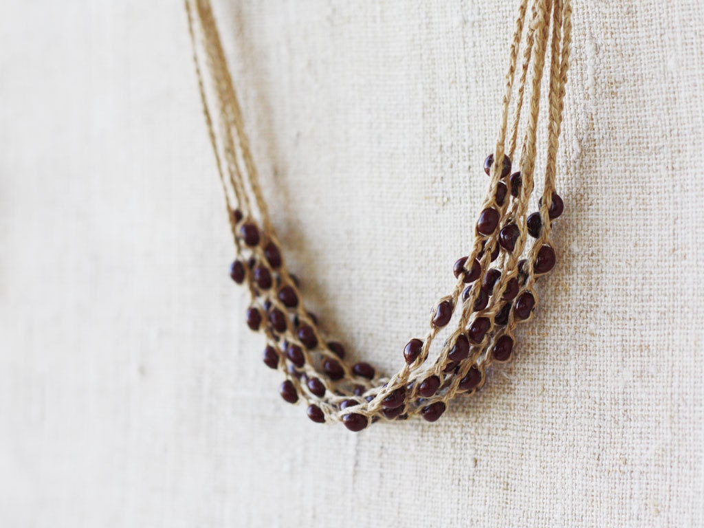 Linen necklace crocheted with brown opaque glass beads Rustic natural jewelry Strand necklace Fall fashion Autumn Boho Bohemian Simple - 100crochetnecklaces