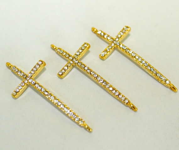 Lead  charm   Link Rhinestone rhinestone cross  SIDEWAYS 37x11mm Connector CROSS Gold Charm