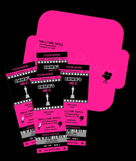 Printable - Hollywood - Ticket Invitations & Envelope - Custom Personalized Sweet 16 Birthday Il_570xn
