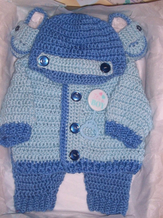 Crochet Baby Boy Sweater Set Layette by MADEWITHLOVEBYSUZIEQ
