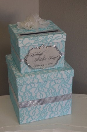 Tiffany Blue lace Wedding Card box -Lace card box, with rhinestones and bling monogram - ForeverLoveNotes