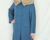 Vintage Double Breasted  Woman's Blue Wool Coat with Fur Collar - foundundertheeaves