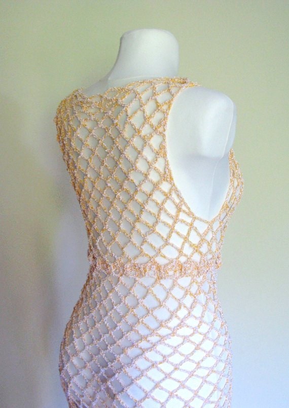 Fishnet tunic dress, beach crocheted cotton stretchy OOAK, drapey - delectare