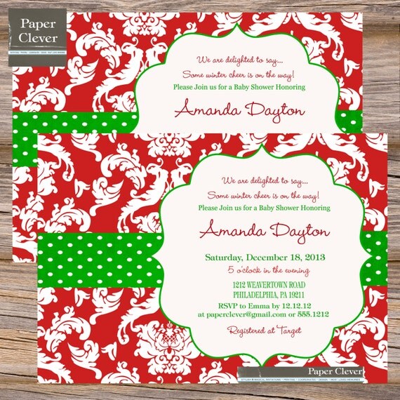 Holiday Invitation, red damask, green - digital file, printable Il_570xn
