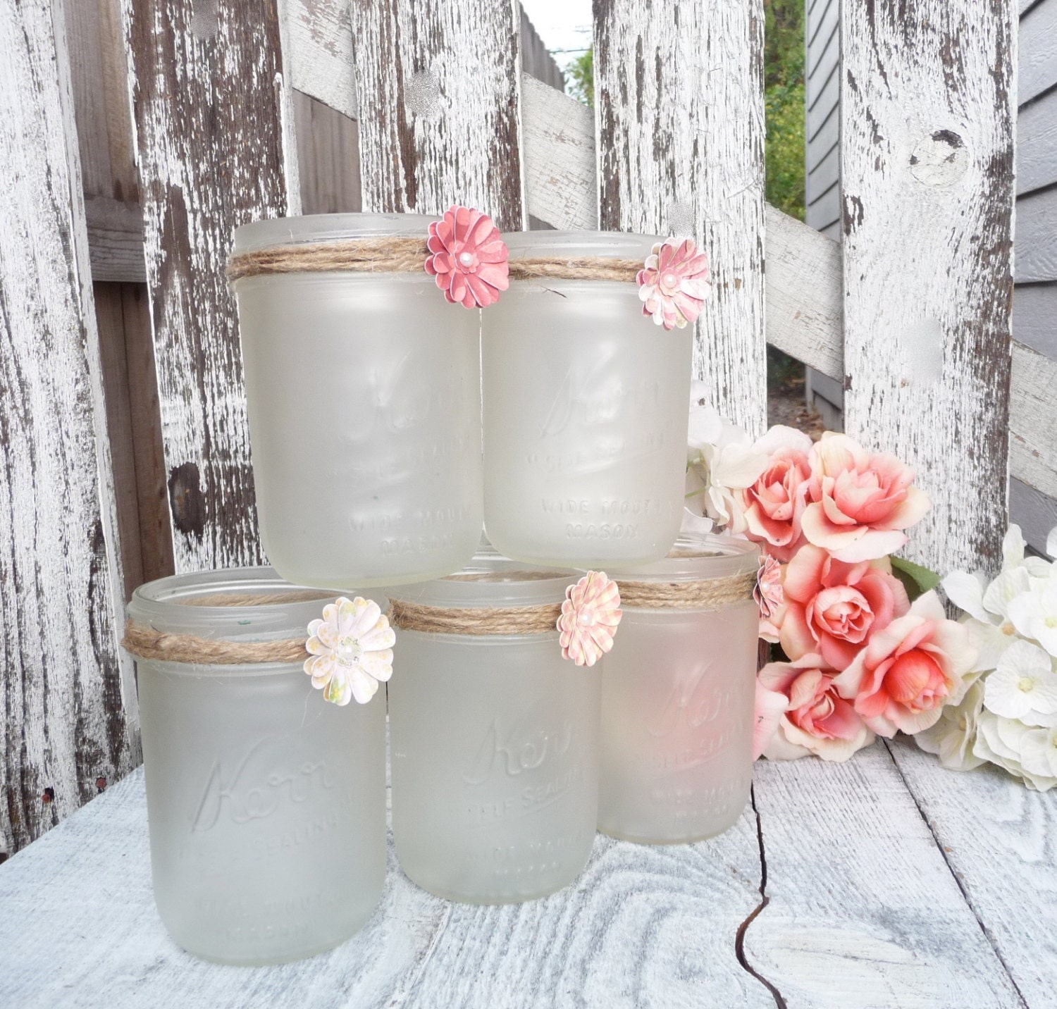 Shabby Chic Frosted Mason Jar Candle Holders by HuckleberryVntg