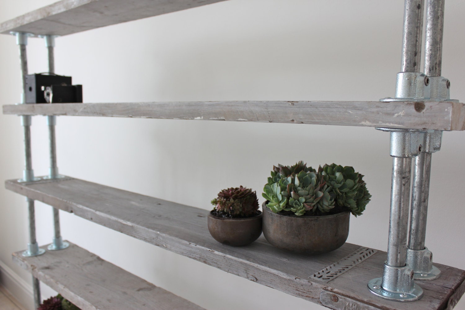 White-washed Scaffolding Boards and Galvanised Steel Pipe Shelving 