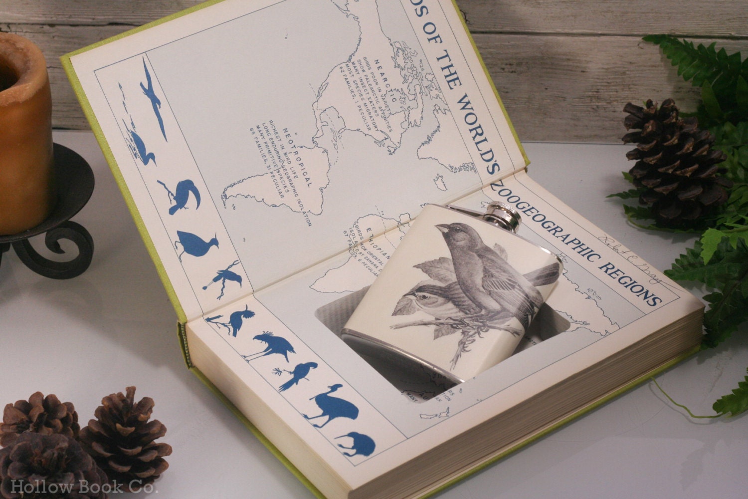 Vintage Hollow Book Safe and Indigo Bunting Birds Flask - The Life of Birds - HollowBookCo