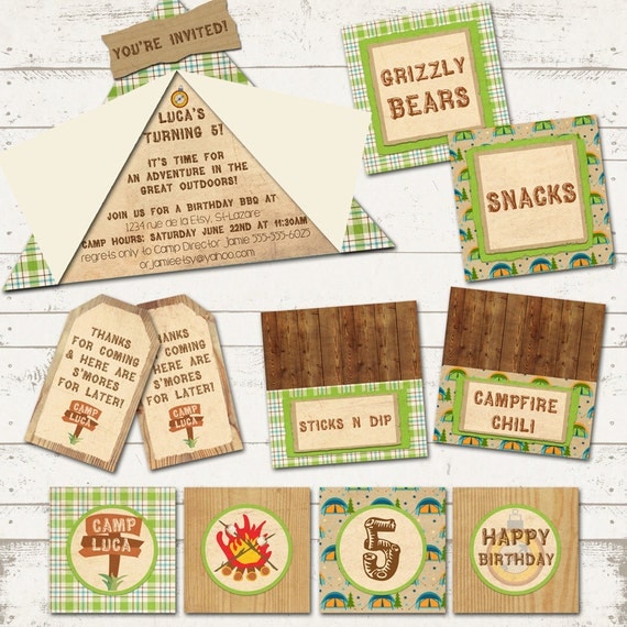 Camping Party - Camp-Out Party - Birthday Party Pack - Custom, Printable - Rustic, Greens & Browns, plaid - Vintage Inspired Il_570xn