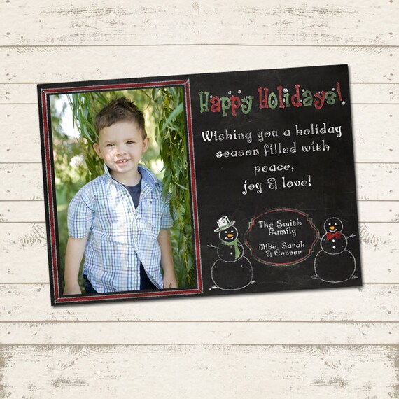 Custom Photo Christmas Card - 5x7 printable download - Merry Christmas, red, green, blackboard, photo card, holiday, snowmen Il_570xn