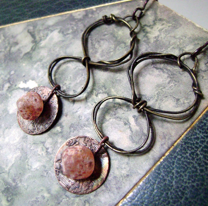 etched metal,hoop earrings,Orange Sherbet Cones,dangle, mixed metal,wire wrapped, Numinosity lampwork, earrings by Anvil Artifacts