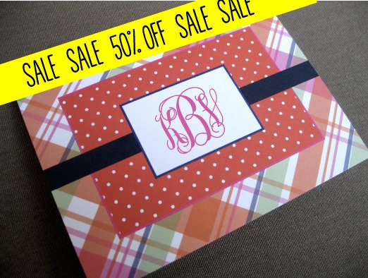 set of 10 personalized folded note cards - preppy orange, navy and pink plaid