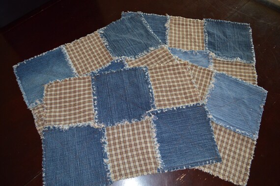 Items similar to Homespun Rag Quilt Placemats with Matching Coasters