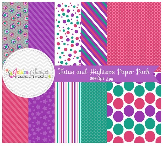 INSTANT DOWNLOAD, tutus and hightops digital paper pack, green, purple, pink, digital scrapbooking paper, digital backgrounds, girls paper Il_570xn