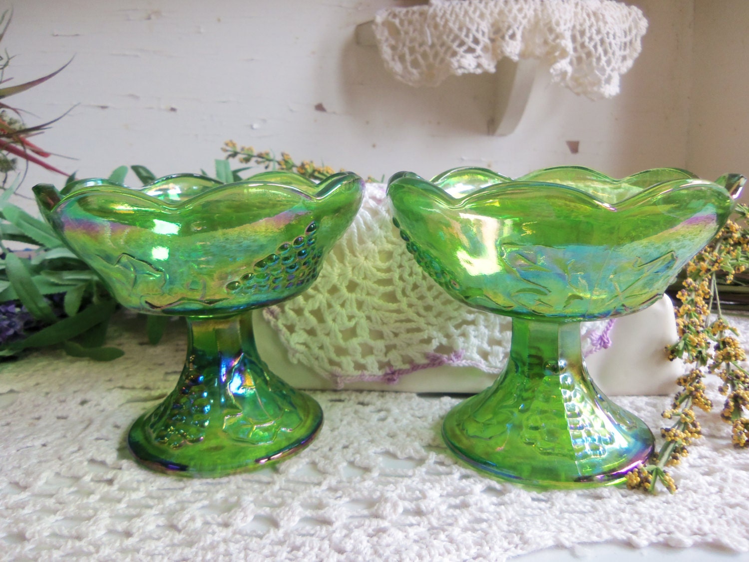 2 Vintage Green Carnival Glass Candle Holders by CatfishJarRescue