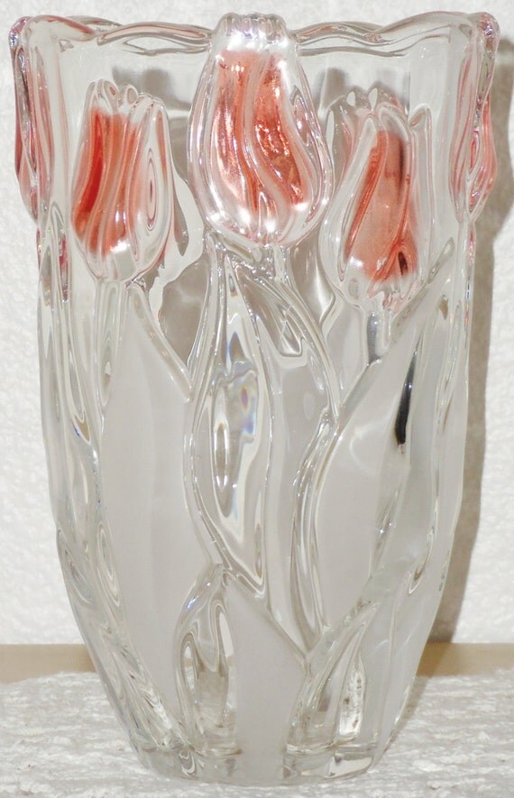 Vintage Lead Crystal Frosted Pink Tulip Vase by BeautyEverlasting